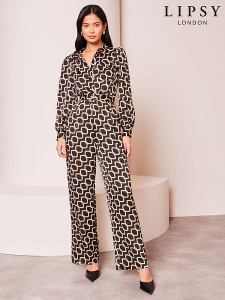 Lipsy Black Geo Print Long Sleeve Shirt Jumpsuit (Q55001) | € 17