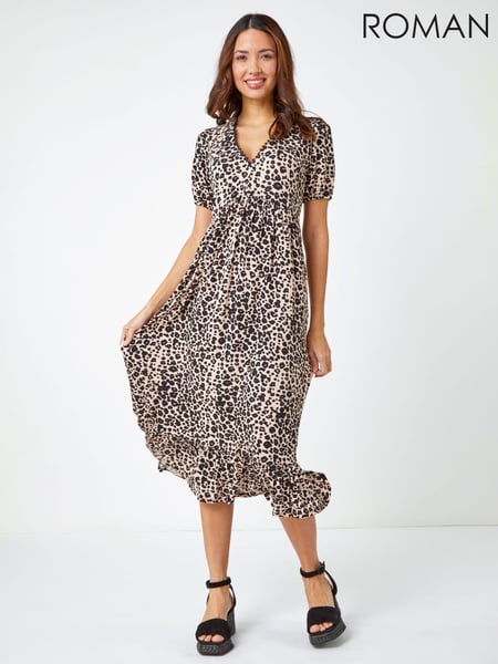 Roman Brown Animal Print Lace Trim Midi Dress (Q59195) | € 70