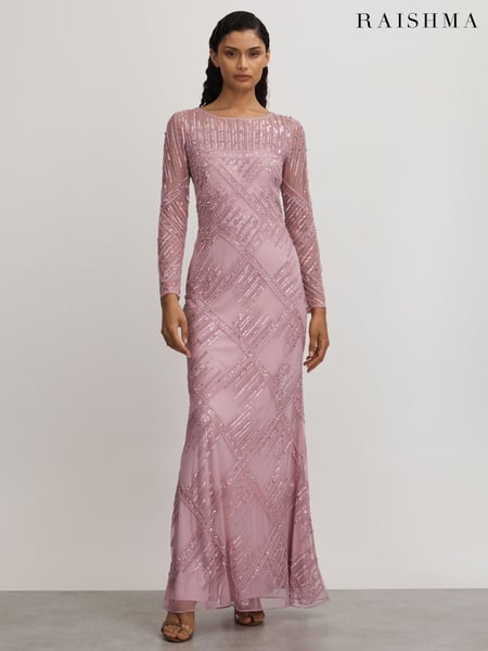 Raishma Pink Embellished Mesh Sheer Sleeve Maxi Dress (Q60911) | € 1.084