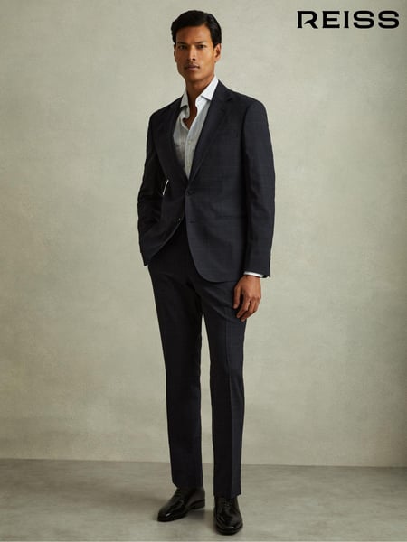 Reiss Navy Grace Wool Blend Suit Trousers in Prince of Wales Check (Q60922) | € 246