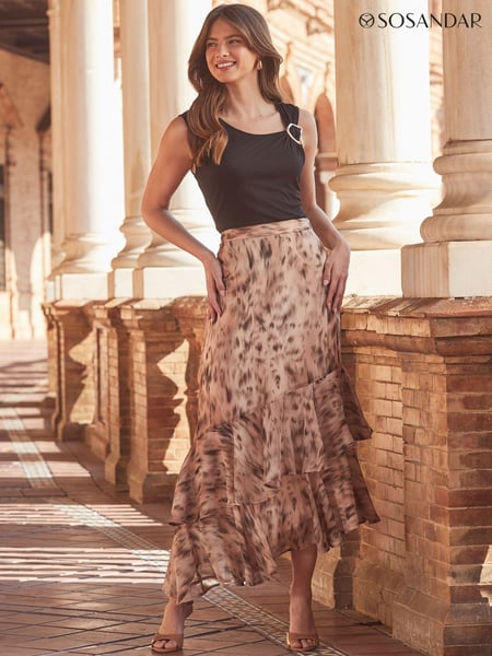 Sosandar Brown Animal Print Ruffle Hem Midi Skirt (Q61047) | € 76