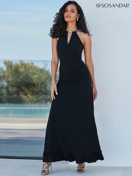 Sosandar Black Ruched Front Halter Neck Jersey Maxi Dress (Q61076) | € 117