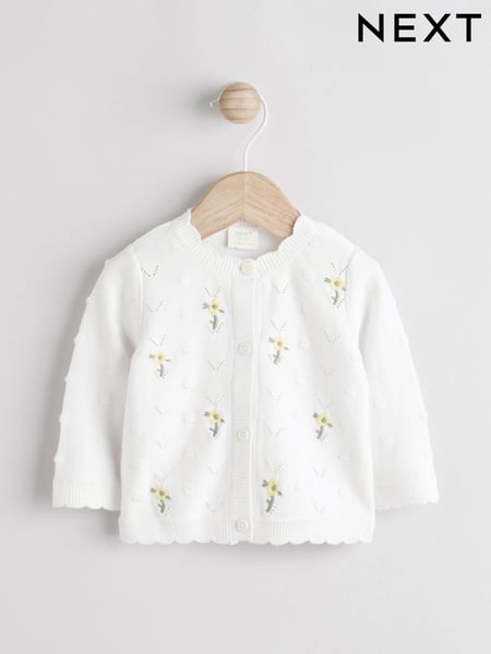 White 100% Cotton Pointelle Knitted Floral Flower Baby Cardigan (0mths-3yrs) (Q61165) | € 20 - € 23