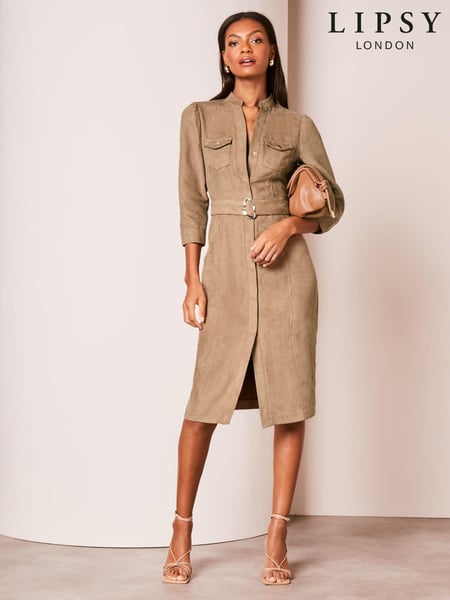 Lipsy Camel Suedette Petite Collarless 3/4 Sleeve Belted Shirt Dress (Q61421) | € 60