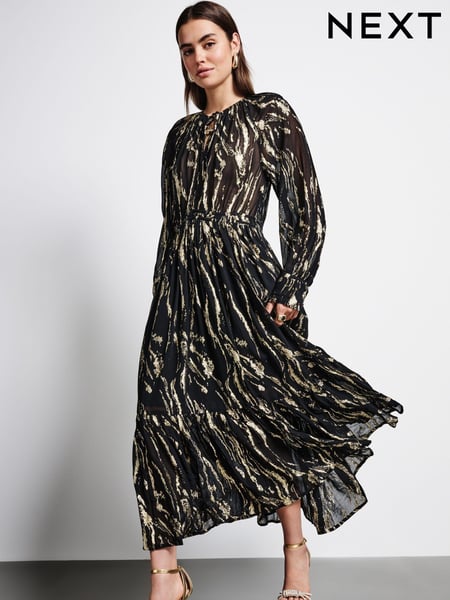 Black/Gold Long Sleeve Midi Boho Tier Dress (Q61707) | € 58