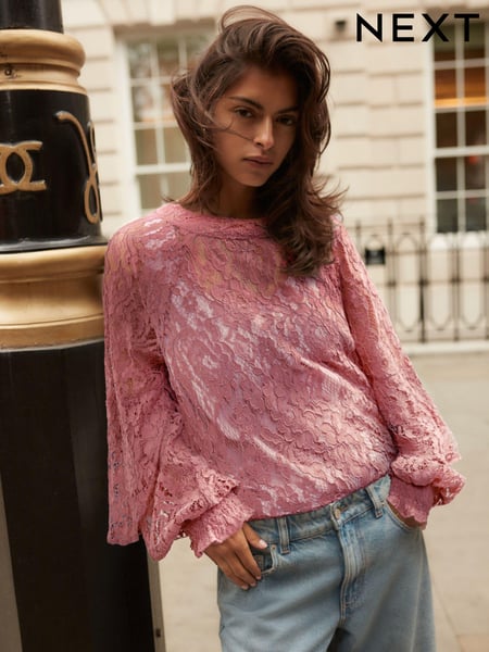 Rose Pink Round Neck Lace Long Sleeve Blouse (Q61911) | € 29