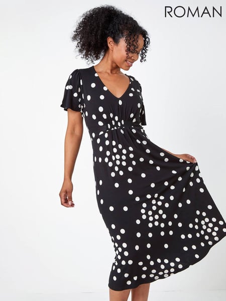 Roman Black Petite Polka Dot Stretch Midi Dress (Q62589) | € 66