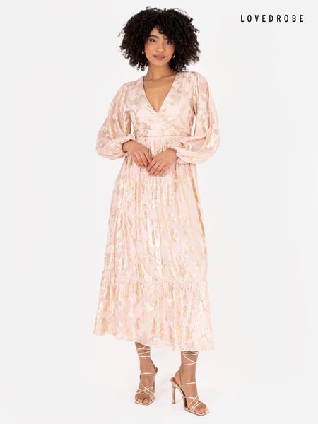 Lovedrobe Nude Long Sleeve Foiled Wrap Front Midaxi Dress (Q62615) | € 45
