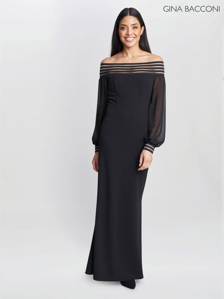 Gina Bacconi Vanessa Crepe Maxi Black Dress With Neck Trim (Q65990) | € 154