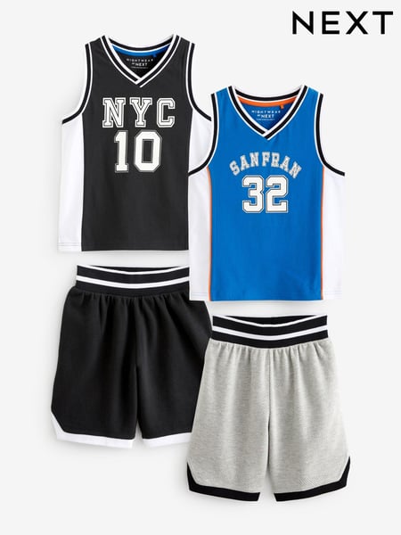 Blue/Black Basketball 100% Cotton Short Textured Bottom Pyjamas 2 Pack (4-16yrs) (Q66510) | € 21 - € 26