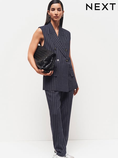 Navy Linen Striped Sleeveless Double Breasted Blazer (Q67029) | € 15