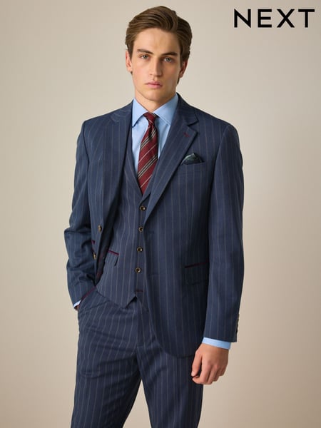 Blue Tailored Fit Trimmed Stripe Suit Jacket (Q67502) | € 148