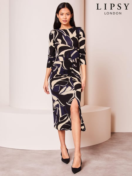 Lipsy Navy Blue Ruched Side Long Sleeve Printed Midi Dress (Q67794) | € 13