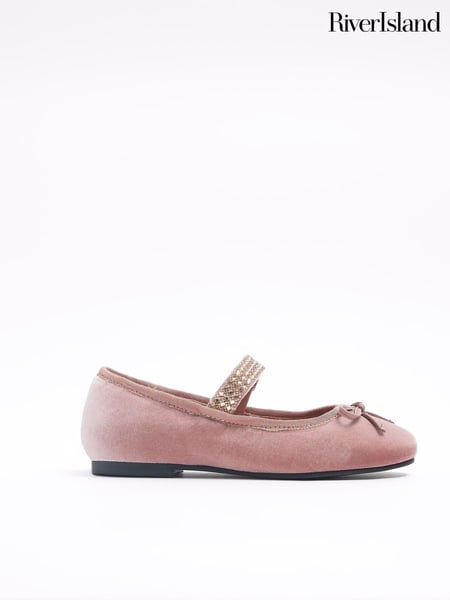 River Island Pink Chrome Girls Velvet Diamonte Strap Pumps (Q68261) | € 39
