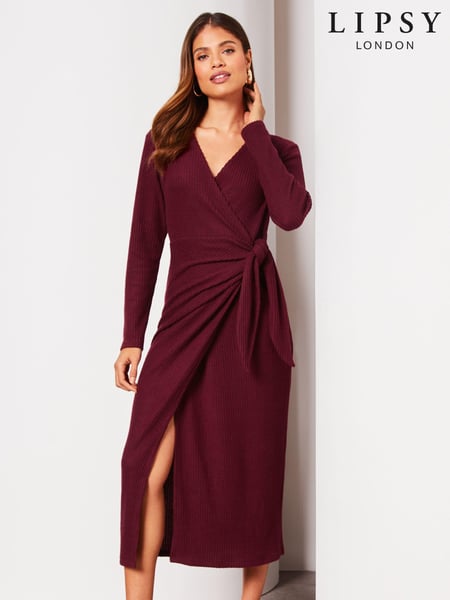 Lipsy Berry Red Red Petite Long Sleeve Cosy Tie Side Wrap Midi Jumper Dress (Q68859) | € 14