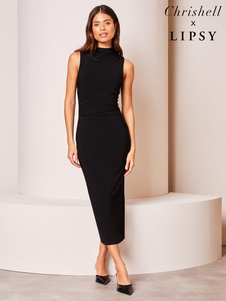 Lipsy Black Sleeveless Sculpted High Neck Slinky Midi Dress (Q69114) | € 14
