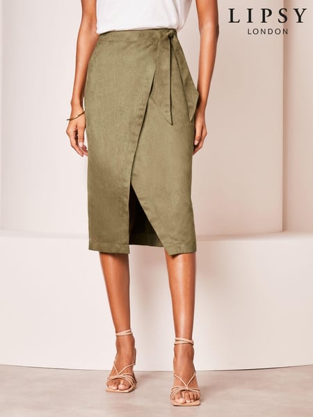Lipsy Khaki Green Suedette Wrap Midi Skirt (Q69808) | € 14