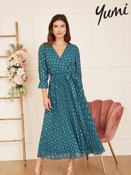 Yumi Teal Blue Foil Printed Pleated Wrap Midi Dress (Q70714) | € 86