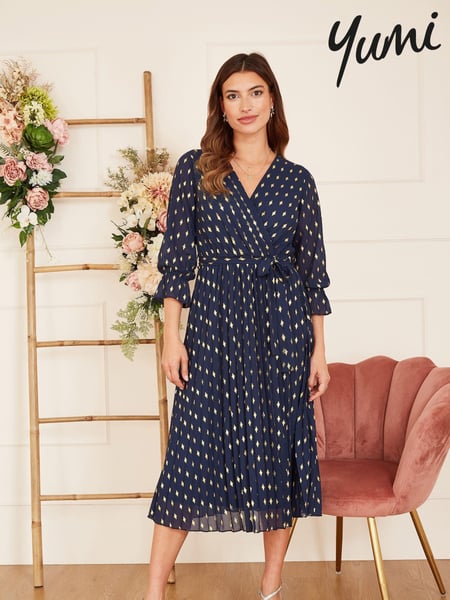 Yumi Blue Foil Printed Pleated Wrap Midi Dress (Q70716) | € 86