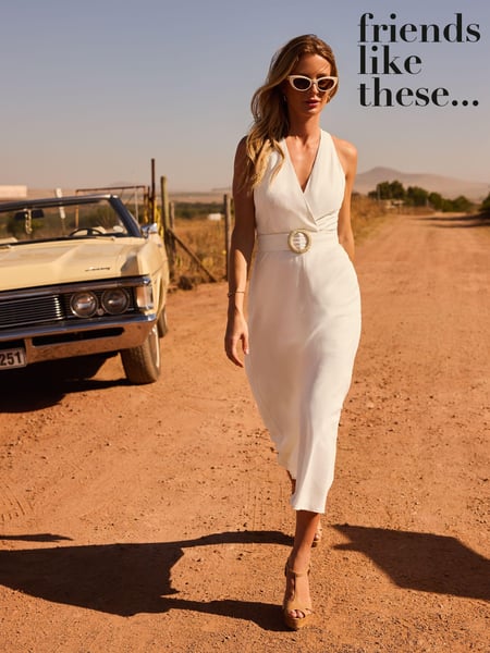 Friends Like These Ivory White Petite Linen Rich Halter Neck Belted Midi Dress (Q71747) | € 40