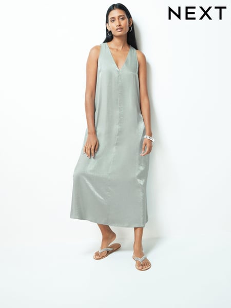 Silver Sleeveless Column V-Neck Midi Dress (Q72638) | € 17