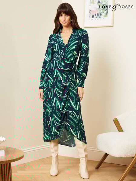 Love & Roses Navy Blue Animal Collared Wrap Midi Dress (Q73198) | € 15