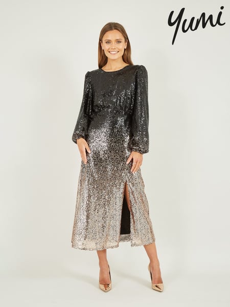 Yumi Black Sequin Ombre Long Sleeve Midi Dress (Q73959) | € 50