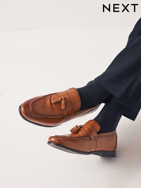 Tan Brown Leather Embossed Tassel Loafers (Q74899) | € 78