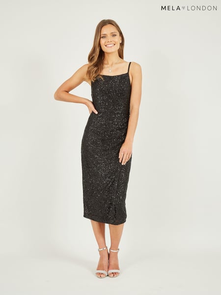 Mela Black Sequin Fitted Wrap Midi Dress (Q75173) | € 15