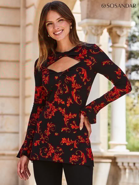 Sosandar Red Baroque Print Keyhole Detail Fluted Cuff Jersey Top (Q76442) | € 61