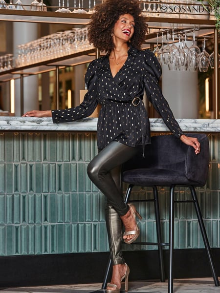 Sosandar Black Metallic Fleck Print Blouson Sleeve Wrap Satin Top (Q76468) | € 86