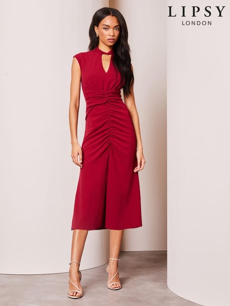 Lipsy Berry Red Ruched Front Keyhole Short Sleeve Midi Dress (Q76632) | € 25