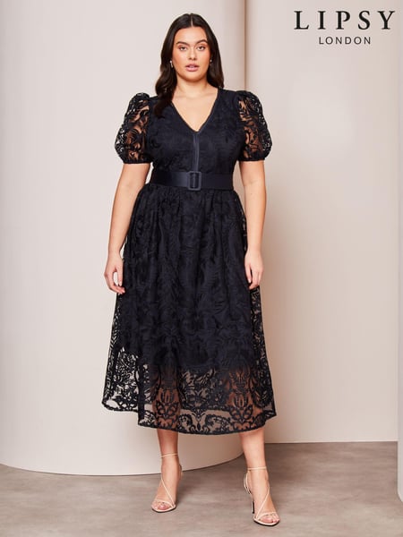 Lipsy Navy Blue Curve Premium Lace Embroidered Puff Sleeve Belted Midi Dress (Q77090) | € 109