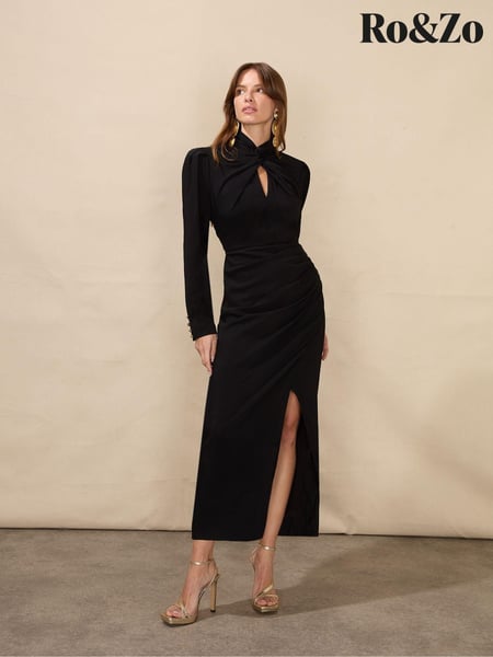 Ro&Zo Allegra Crepe Twist Neck Midi Black Dress (Q79100) | € 49