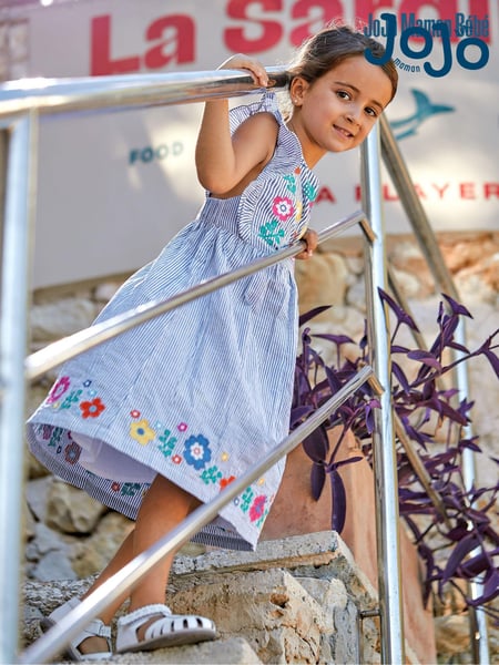 JoJo Maman Bébé Navy White Stripe Floral Appliqué Pretty Summer Dress (Q80636) | € 40