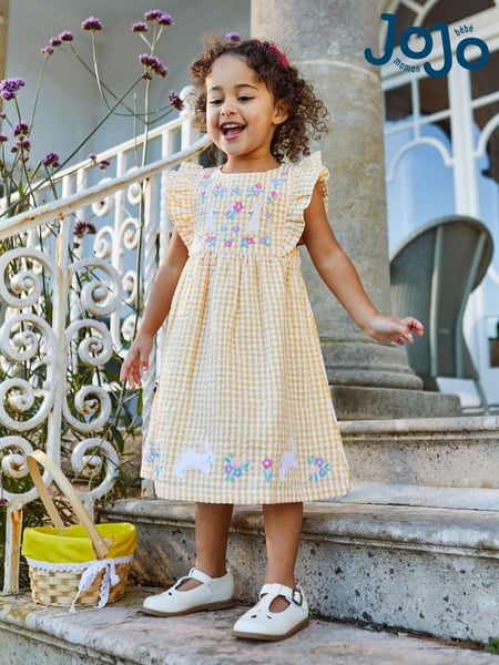 JoJo Maman Bébé Yellow Bunny Gingham Appliqué Pretty Summer Dress (Q80671) | € 40
