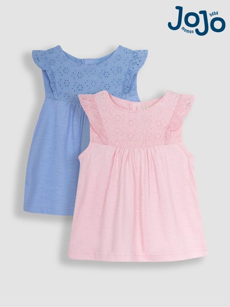 JoJo Maman Bébé Blue & Pink 2-Pack Pretty Embroidered Tops (Q80925) | € 32