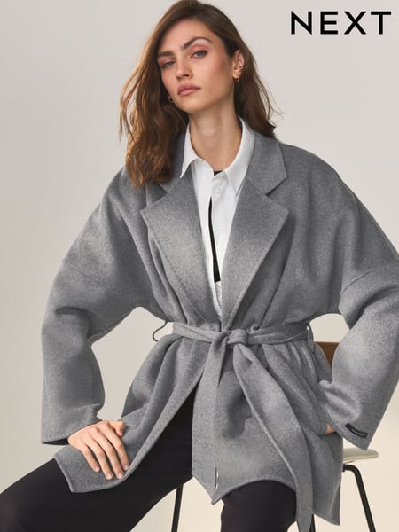 Grey Handsewn Wool Blend Belted Coat (Q81020) | € 35