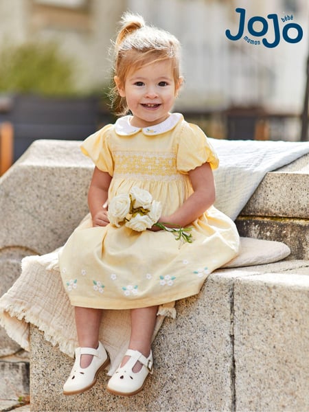 JoJo Maman Bébé Yellow Daisy Embroidered Peter Pan Smocked Party Dress (Q82991) | € 61