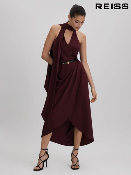 Reiss Burgundy Tayla Satin Wrap Front Midi Dress (Q83314) | € 387