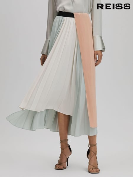 Reiss Pink/Cream Maddie Pleated Asymmetric Midi Skirt (Q83335) | € 309