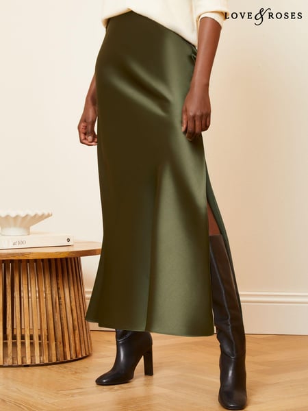 Love & Roses Khaki Green Satin Bias Cut Midaxi Skirt (Q84884) | € 11