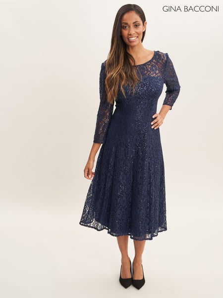 Gina Bacconi Blue Elianna Midi-Length Sequin Lace 3/4 Sleeve Cocktail Dress (Q85410) | € 421