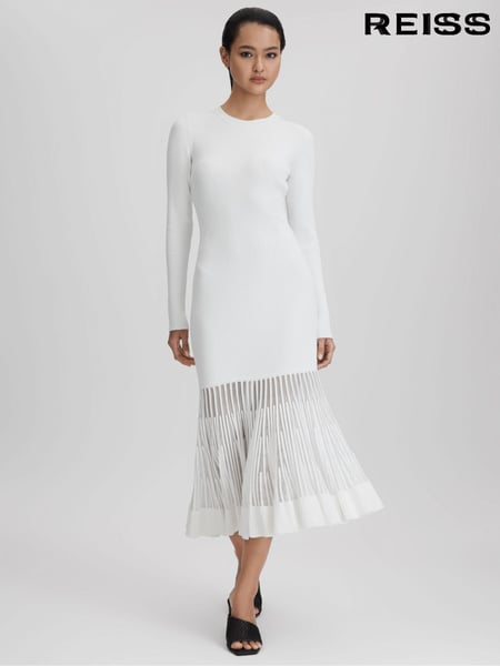 Reiss Cream Tasmin Knitted Sheer Flared Midi Dress (Q85822) | € 418