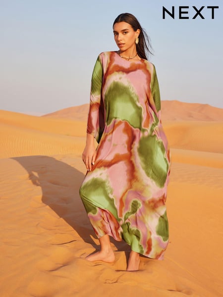 Multi Smudge Print Long Sleeve Sheer Kaftan Midi Dress (Q86675) | € 23