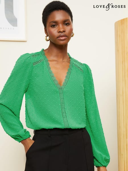 Love & Roses Bright Green V Neck Lace Long Sleeve Lace Trim Dobby Spot Blouse (Q87454) | € 11