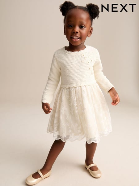 Ecru 2-in-1 Occasion Long Sleeve Knitted Jumper Dress (3mths-10yrs) (Q87945) | € 41 - € 47