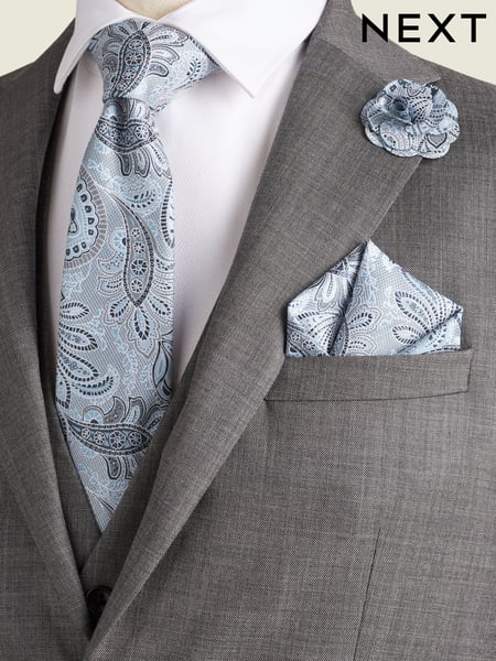 Light Blue Textured Paisley Tie, Pocket Square And Pin Set (Q88886) | € 15