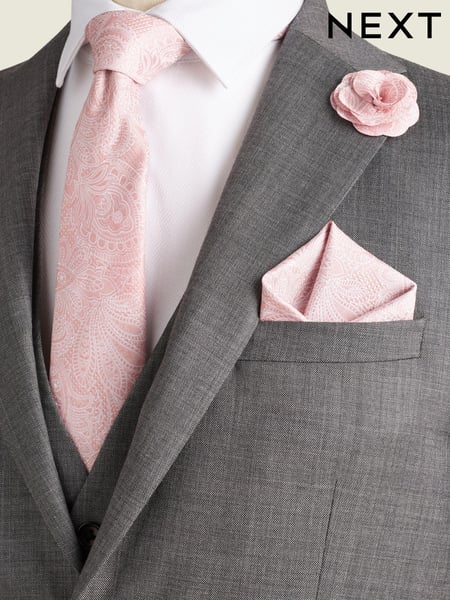 Light Pink Textured Paisley Tie, Pocket Square And Pin Set (Q88887) | € 30