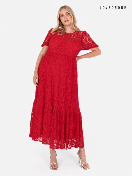 Lovedrobe Red Lace Puff Sleeve Midaxi Dress (Q88990) | € 37